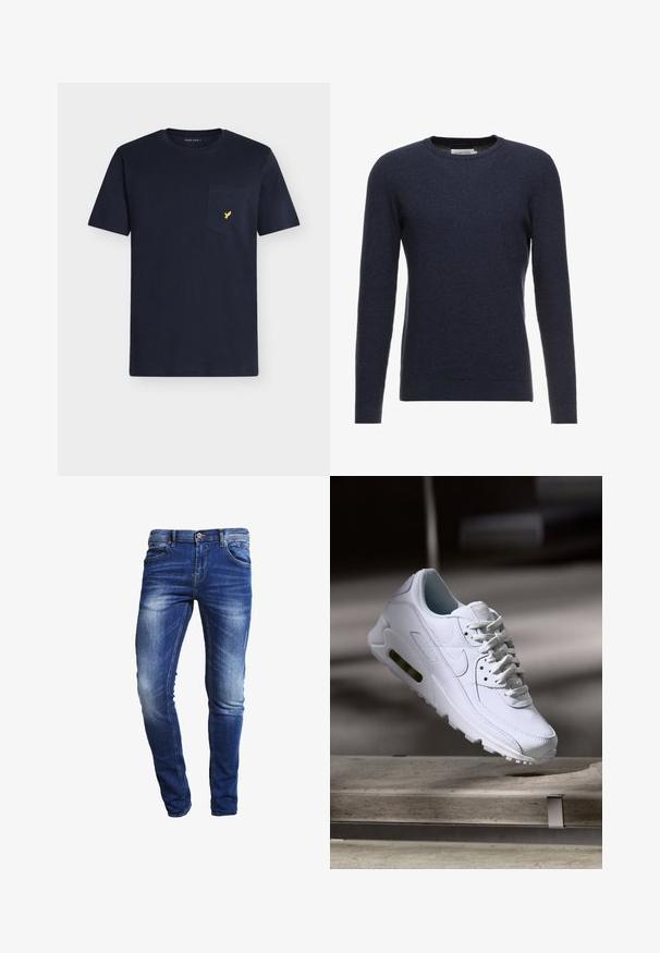 Suéter de punto azul marino con cuello redondo, mangas largas y una tela texturizada. Presenta una pequeña abertura lateral en el dobladillo.; Camiseta de algodón azul marino con cuello redondo, mangas cortas y un bolsillo en el pecho con un pequeño logo de un pájaro amarillo.; Vaqueros ajustados de mezclilla en azul oscuro, con un lavado desgastado, un sutil detalle de arrugas, cinco bolsillos y un cierre de botón metálico.; Zapatilla blanca de piel con superficies texturizadas, cuello acolchado y amortiguación de aire visible en la suela. Presenta cordones y un diseño minimalista.