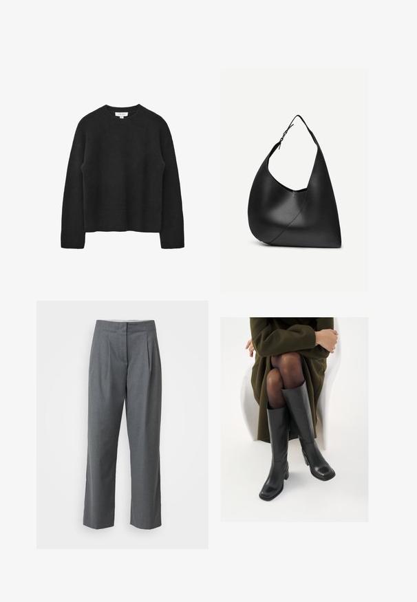 Pull noir à col rond avec manches longues, poignets et ourlet côtelés, texture douce en maille et petite étiquette blanche au niveau de l'encolure.; Pantalons gris ajustés à coupe droite, avec une texture lisse, des plis devant et des poches latérales. Pas de quincaillerie ou d'accents visibles.; Bottes en cuir noires arrivant au genou, avec un bout carré et un talon carré, présentées sur un modèle assis dans un manteau vert olive. Texture lisse, détails minimaux.; Sac à épaule en cuir noir avec forme triangulaire incurvée, une seule sangle ajustable, et une couture diagonale visible à l'avant.