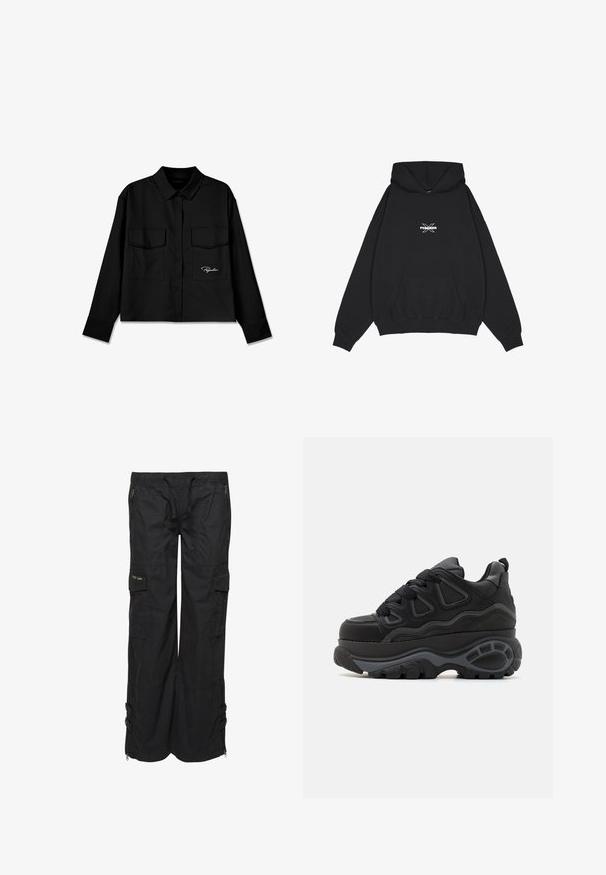 Pegador BELLY OVERSIZED HOODIE - Hættetrøje - washed black; Sort cropped skjorte med spidse krave, dobbelt brystlommer, knaplukning foran og broderet logo på venstre side. Glat stoftekstur.; Sorte cargo bukser lavet af letvægtsstof. Har elastisk talje, flere lommer og lynlåse i kanten. Tekstur overflade.; Buffalo Skatesko - black