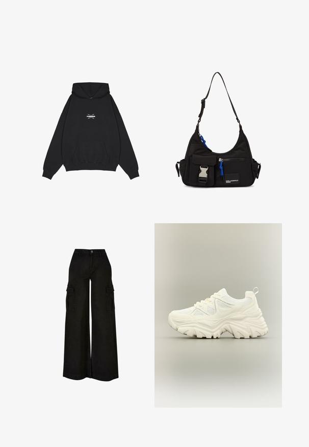 Pegador BELLY OVERSIZED HOODIE - Jersey con capucha - washed black; Pantalones cargo negros de pierna ancha con cintura alta, botón delantero, cremallera, trabillas para cinturón y bolsillos con solapa en ambos muslos.; Zapatilla blanca gruesa con suela gruesa y texturizada, paneles de malla, cierre de cordones en la parte delantera y tira en el talón sobre un fondo neutro.; Bolso de hombro negro de nylon con forma curvada, correa ajustable, bolsillo frontal con cierre, acento azul y detalle de logo.