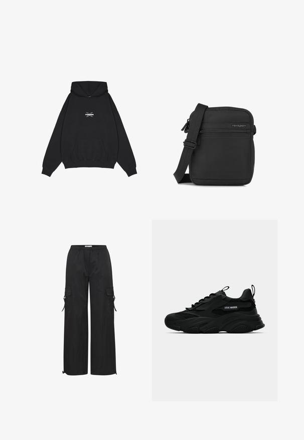 Pegador BELLY OVERSIZED HOODIE - Sweat à capuche - washed black; Pantalons cargo noirs en tissu léger, avec une coupe ample, une taille élastique, des poches latérales et des poignets ajustables.; Sneaker chunky noir Steve Madden avec des panneaux en mesh, semelle épaisse, languette et tirant au talon, lettrage du logo sur le côté, montré de profil.; Petit sac bandoulière noir compact avec sangle réglable, poche avant zippée et logo Hedgren sur une surface en tissu lisse.