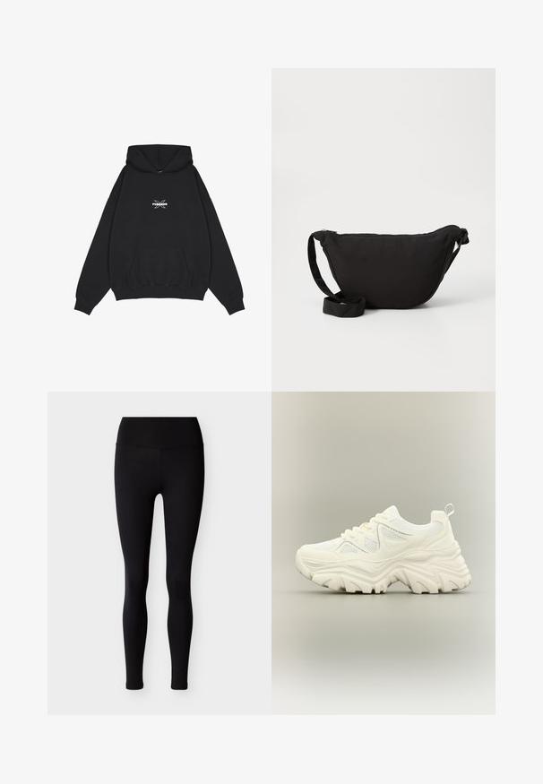 Pegador BELLY OVERSIZED HOODIE - Hættetrøje - washed black; Sorte leggings lavet af elastisk stof med en høj talje og tætsiddende design. Glat tekstur uden mønstre eller pynt.; Hvid chunky sneaker med tyk tekstureret sål, mesh paneler, snørelukning foran og trækstrop ved hælen på en neutral baggrund.; Sort hobo taske lavet af blødt stof, med en buet form, lynlåslukning og en bred justerbar rem. Glat tekstur uden mønstre.