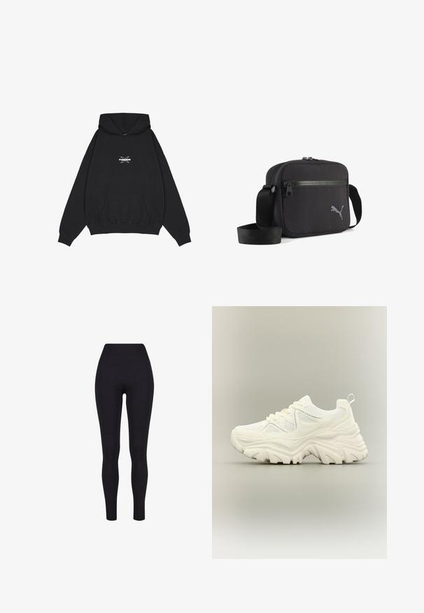 Pegador BELLY OVERSIZED HOODIE - Hættetrøje - washed black; Sorte højtaljerede leggings, lavet af strækbart stof, med en glat tekstur og en tætsiddende design uden synlige sømme eller mønstre.; Hvid chunky sneaker med tyk tekstureret sål, mesh paneler, snørelukning foran og trækstrop ved hælen på en neutral baggrund.; Sort skuldertaske i stof med rektangulær form, udstyret med lynlås, tekstureret overflade og en grå broderet logo på den ene side.