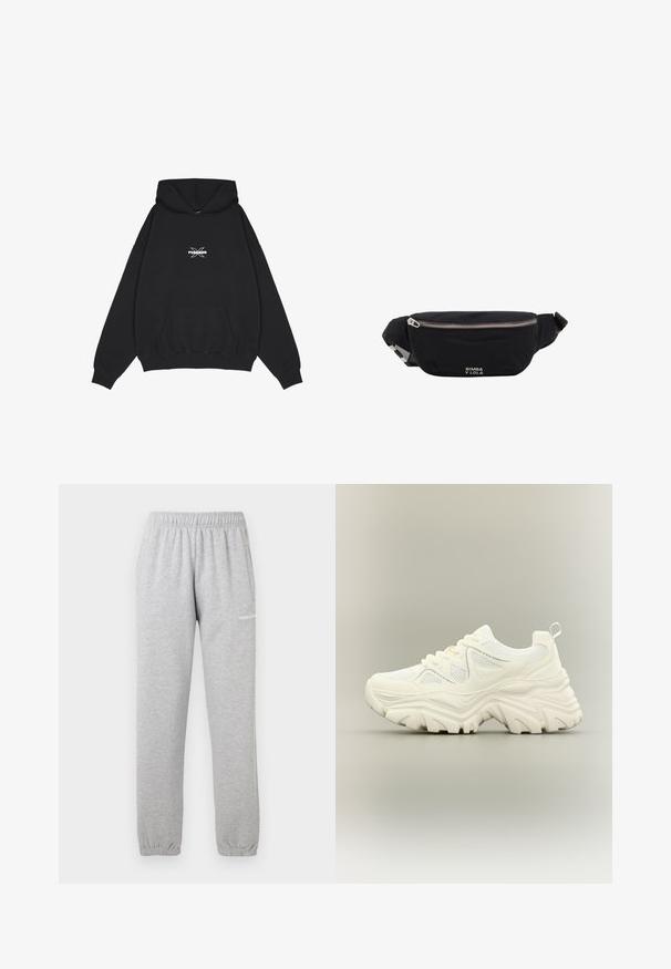 Pegador BELLY OVERSIZED HOODIE - Kapuutsiga pusa - washed black; Hallid hallid dressipüksid pehmest kangast, millel on elastne vöökoht, kinnised pahkluud ja küljetasku. Logo on trükitud vasakule reiele.; Valge jämeda tallaga tennisejalanõu, paksu tekstureeritud tallaga, võrkpaneelidega, ees paelaga ja kandmisel riputustab küljes, neutraalsel taustal.; Mustast kangast vöökott hõbedase tõmblukuga ja reguleeritava rihmaga, mille esiküljel on väike valge "Bimba y Lola" logo.