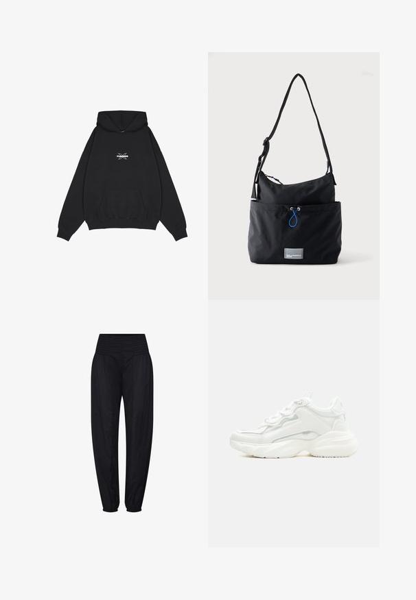 Pegador BELLY OVERSIZED HOODIE - Hættetrøje - washed black; Sorte bukser med høj talje, smocksyet taljebånd og elastiske manchetter, løstsiddende gennem hoften og med afsmalnende ben.; Hvid chunky sneaker med tyk sål, snørelukning foran og glat syntetisk overdel med subtile syningsdetaljer.; Sort stoff skuldertaske med justerbar rem, forlommer med blå snor og lille rektangulært logo patch nederst.