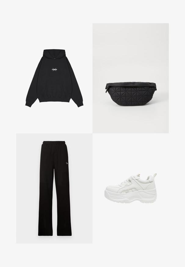 Pegador BELLY OVERSIZED HOODIE - Hoodie - washed black; Zwarte geribde wijde broek met elastische tailleband en klein decoratief logo, met een gladde textuur en een full-length ontwerp.; Witte chunky sneaker met dikke zool, veters aan de voorkant, gevoerde kraag en trekriem aan de hiel.; Zwarte, gewatteerde tas met een zachte, gewatteerde textuur en een hoekig ruitpatroon, met een gebogen silhouet en ritssluiting.
