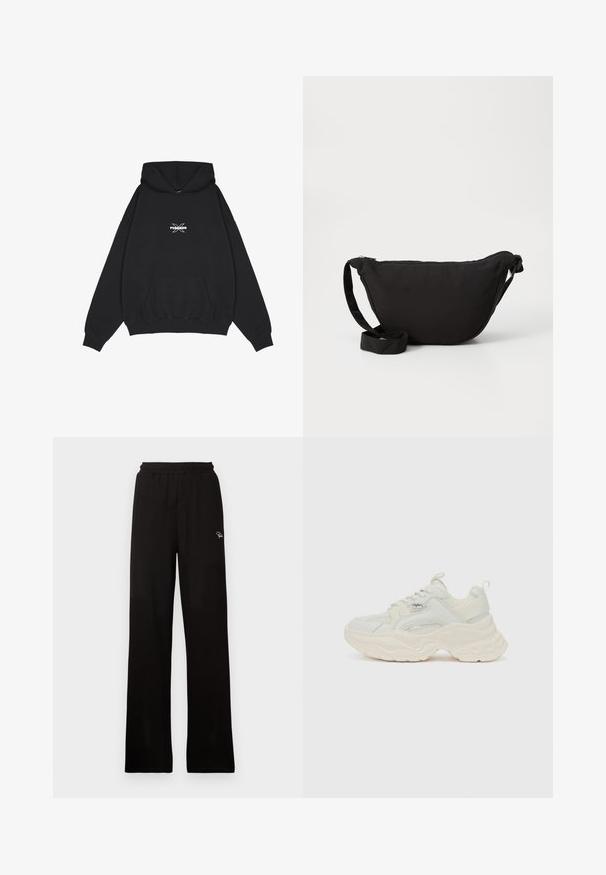 Pegador BELLY OVERSIZED HOODIE - Hoodie - washed black; Zwarte geribde wijde broek met elastische tailleband en klein decoratief logo, met een gladde textuur en een full-length ontwerp.; Chunky sneakers in off-white, met een textuurmesh en een glad leren bovenwerk, voorzien van een dikke, golvende zool en merkaanduidingen.; Zwarte hobo tas gemaakt van zachte stof, met een gebogen vorm, een ritssluiting en een brede verstelbare schouderriem. Glad van structuur zonder patronen.