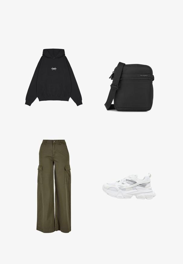 Pegador BELLY OVERSIZED HOODIE - Kapuzenpullover - washed black; Olivgrüne, weite Cargo-Hosen mit zwei Seitentaschen, aus einem weichen, langlebigen Stoff. Mit detaillierter Stickerei und Knopfverschluss.; Weißer Sportschuh mit klobiger Sohle, Obermaterial aus Mesh und Synthetik, silbernen Akzenten und der Aufschrift "BUFFALO" an der Seite.; Kompakte schwarze Crossbody-Tasche mit verstellbarem Träger, vorderer Reißverschlusstasche und Hedgren-Logo auf glatter Stoffoberfläche.