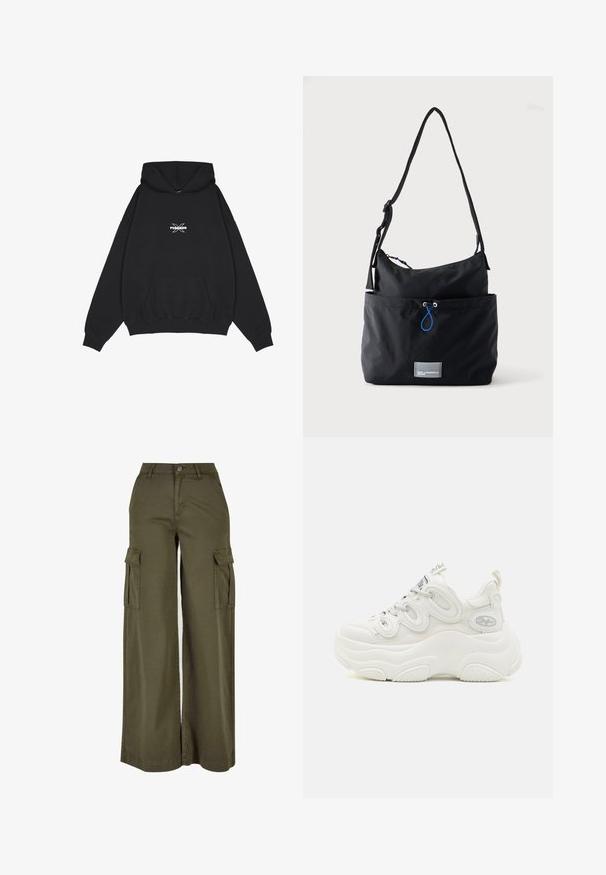 Pegador BELLY OVERSIZED HOODIE - Mikina s kapucňou - washed black; Olívovo zelené široké nohavice typu cargo s dvoma bočnými vreckami, vyrobené z mäkkej a odolnej látky. Majú precízne šitie a zapínanie na gombík.; Biele chunky tenisky s vrchnou časťou z sieťoviny a syntetického materiálu, zakrivený tvar, textúrovaná podrážka a výrazný systém šnurovania s logom.; Čierna látková taška cez rameno s nastaviteľným popruhom, predný vrecko s modrým sťahovacím šnúrkou a malá obdĺžniková logo nášivka v spodnej časti.