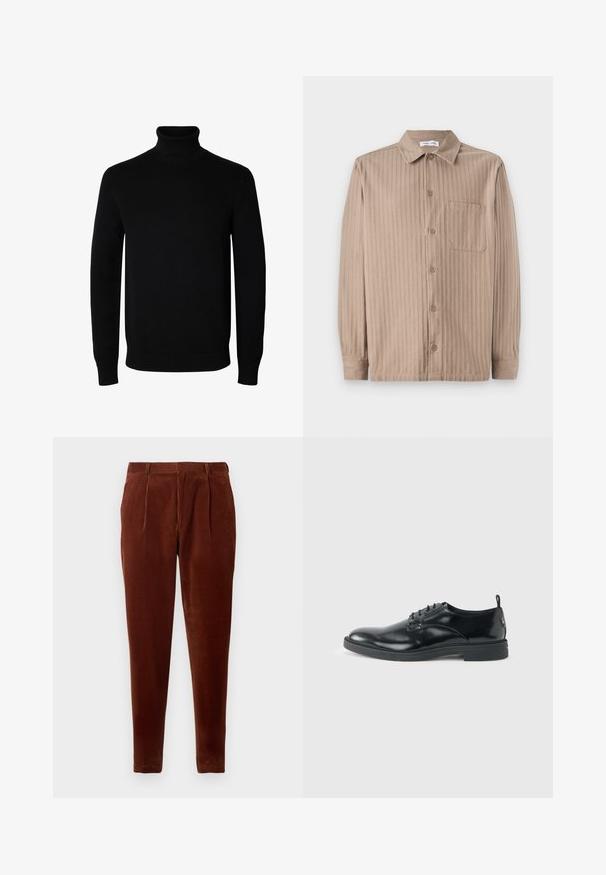 Sort langærmet rullekrave sweater med rib manchetter og kant, vist på en ensartet hvid baggrund.; Beige knap-op skjorte med en stribet tekstur, der har krave, lange ærmer og en brystlomme. Fremstillet af blødt stof.; Brune corduroy bukser med lige pasform, featuring frontfolder, to sidelommer og en glat tekstur. Velegnet til afslappet brug.; Blank sort læder dresssko med lav hæl, snørelukning og rund tå, vist fra siden på ensfarvet lys baggrund.