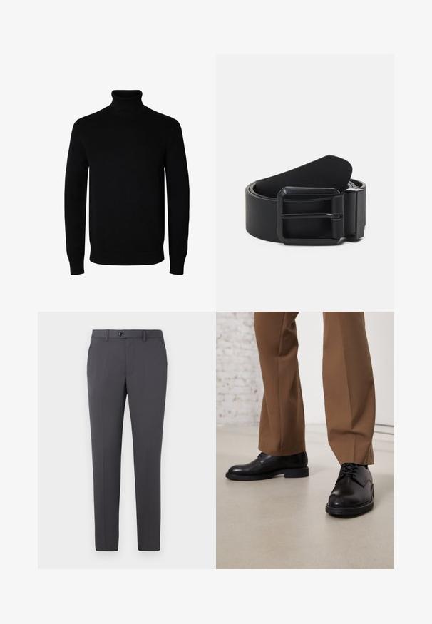 Pull noir à col roulé manches longues avec poignets et bas côtelés, présenté sur un fond blanc uni.; Pantalon gris en tissu lisse, avec une coupe droite, fermeture à bouton, passants de ceinture et poches latérales. Design simple et fonctionnel.; Chaussures en cuir noir avec une surface lisse et un bout arrondi, dotées d'un système de laçage et d'une semelle plate et basse. Associées à un pantalon marron.; Ceinture en cuir noir avec une boucle en métal noir mat, présentant une surface plate et lisse et une extrémité effilée. Design simple sans embellissements.
