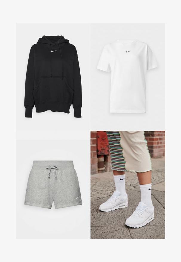 Sort hættetrøje lavet af blødt stof, med en frontkanguru lomme, ribbede håndled og et lille hvidt Nike-logo på brystet.; Hvid t-shirt med korte ærmer og rund halsudskæring med et lille sort Nike Swoosh-logo centreret nær kraven.; Grå atletiske shorts lavet af blødt stof, med en elastisk talje med snor, og et lille Nike-logo på den nederste venstre side.; Hvide Nike Air Max 90 sneakers med mesh og læderoverdel, der har en synlig luftenhed, parret med hvide ribbede sokker med sort logo.