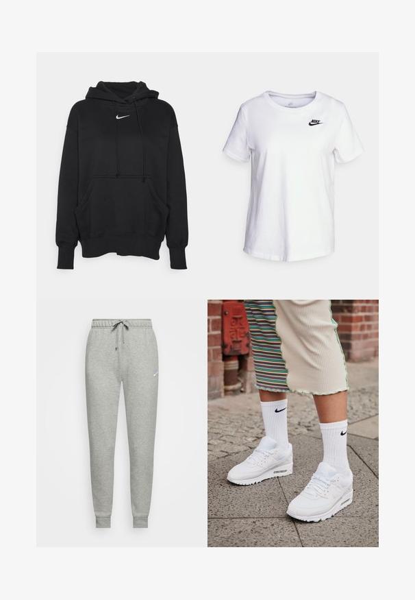 Sort hættetrøje lavet af blødt stof, med en frontkanguru lomme, ribbede håndled og et lille hvidt Nike-logo på brystet.; Hvid bomulds t-shirt med rund halsudskæring og korte ærmer. Har et sort Nike-logo i det øverste venstre brystområde.; Grå sweatpants lavet af blødt stof, med elastisk talje og snørebånd, ribbede manchetter og et lille logo på venstre lår.; Hvide Nike Air Max 90 sneakers med mesh og læderoverdel, der har en synlig luftenhed, parret med hvide ribbede sokker med sort logo.