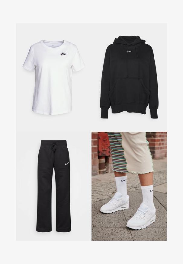 Sudadera con capucha negra, hecha de un tejido suave, con un bolsillo tipo canguro en la parte frontal, puños acanalados y un pequeño logotipo blanco de Nike en el pecho.; Camiseta de algodón blanca con cuello redondo y mangas cortas. Presenta un logotipo negro de Nike en la parte superior izquierda del pecho.; Pantalones de chándal negros hechos de una mezcla de algodón, con una cintura elástica ajustable, piernas rectas y un logo blanco de Nike en el lado izquierdo.; Zapatillas Nike Air Max 90 blancas con parte superior de malla y cuero, que cuentan con una unidad de aire visible, combinadas con calcetines blancos con relieve y logotipo negro.