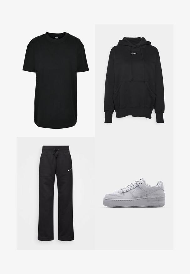 Sweatshirt à capuche noir en tissu doux, avec une poche kangourou à l'avant, des poignets côtelés et un petit logo Nike blanc sur la poitrine.; T-shirt noir à manches courtes avec col rond en taille XS, avec étiquette "Urban Classics" à l'intérieur du col.; Pantalons de survêtement noirs en mélange de coton, dotés d'une taille élastique avec cordon de serrage, de jambes droites et d'un logo Nike blanc sur le côté gauche.; Basket en cuir lisse gris Nike Air Force 1 avec un bout perforé, une semelle épaisse et un détail 'AIR' en relief sur le talon.