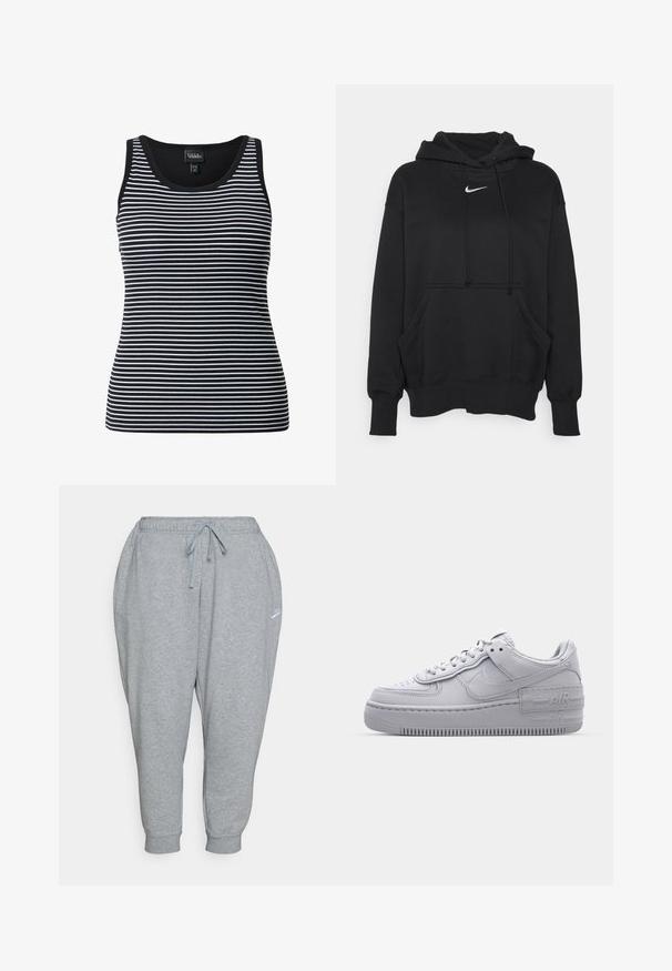 Sort hættetrøje lavet af blødt stof, med en frontkanguru lomme, ribbede håndled og et lille hvidt Nike-logo på brystet.; Stribet tanktop i sort og hvid med brede stropper, ribbet tekstur og rund halsudskæring. Mønsteret har vekslende tynde og tykke striber.; Grå sweatpants lavet af blødt stof, med elastisk talje og justerbare snore samt tapered manchetter. Lille logo på siden.; Grå Nike Air Force 1 sneakers med perforeret tå, glat læderoverdel, tyk sål og præget 'AIR' detalje på hælen.