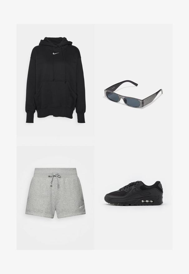 Sort hættetrøje lavet af blødt stof, med en frontkanguru lomme, ribbede håndled og et lille hvidt Nike-logo på brystet.; Grå atletiske shorts lavet af blødt stof, med en elastisk talje med snor, og et lille Nike-logo på den nederste venstre side.; Sort atletisk sneakers med en glat læder- og mesh-overdel, rund tå, teksturerede detaljer og en synlig luftenhed i sålen.; Sorte solbriller med grå linser, der har et gittermønster af små metalliske rhinsten langs stellet. Glat overflade, kantede design.