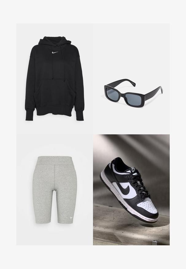 Zwarte hoodie gemaakt van zacht materiaal, met een voorzak in kangoeroestijl, geribbelde manchetten en een klein wit Nike-logo op de borst.; Grijze sportieve fietsbroekjes van zacht materiaal, met een hoge tailleband en een klein wit Nike-logo op de linkerpunt.; Zwart-witte Nike Dunk Low sneaker met een leren bovenwerk, geperforeerde neus, en zwarte veters, met een witte zool en logo-accenten.; Zwarte rechthoekige zonnebril met donkere getinte lenzen, een dik plastic montuur en brede scharnieren. Glad oppervlak en hoekig ontwerp.