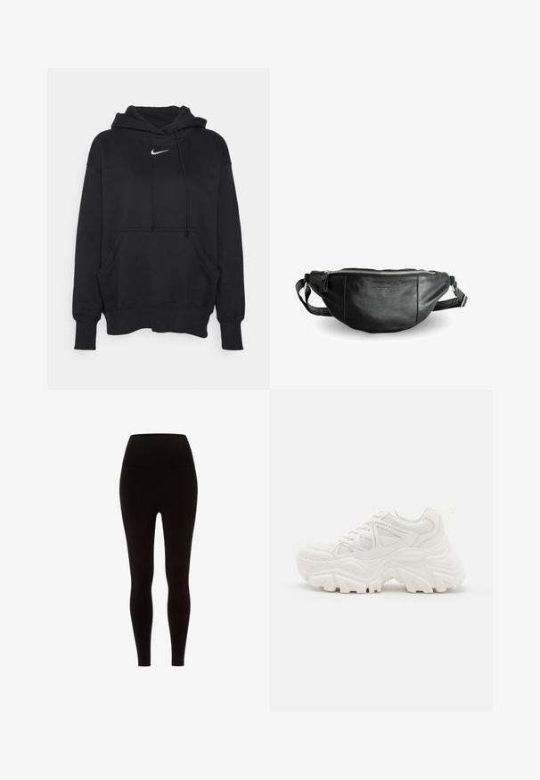 Sudadera con capucha negra, hecha de un tejido suave, con un bolsillo tipo canguro en la parte frontal, puños acanalados y un pequeño logotipo blanco de Nike en el pecho.; Leggings negras hechas de un material elástico, con una cintura alta, textura suave y un diseño ajustado, sin ningún patrón ni adornos.; Zapatillas deportivas blancas y gruesas con un upper texturizado, paneles de malla y suelas de goma gruesas con un patrón de relieve prominente. Incluyen cordones y una lengüeta.; Still Nordic BASIC - Riñonera - black