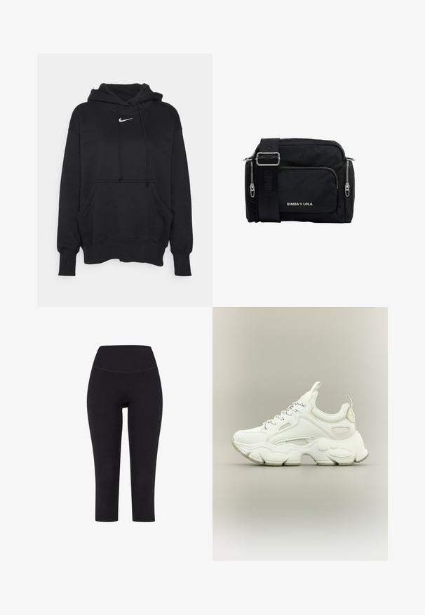 Schwarzer Kapuzenpullover aus weichem Stoff, mit einer vorderen Kängurutasche, gerippten Bündchen und einem kleinen weißen Nike-Logo auf der Brust.; Schwarze 3/4-Leggings aus dehnbarem Material mit hohem Taillenbund und ohne sichtbare Muster oder Hardware.; Weißer klobiger Sneaker mit dicker, strukturierter Sohle, Mesh- und Lederobermaterial, Schnürverschluss und Zuglaschen an Zunge und Ferse.; Schwarze Nylon-Schultertasche mit silbernen Reißverschlüssen, verstellbarem Tragegurt, zwei Vordertaschen und weißer "BIMBA Y LOLA"-Markierung auf der Vorderseite.