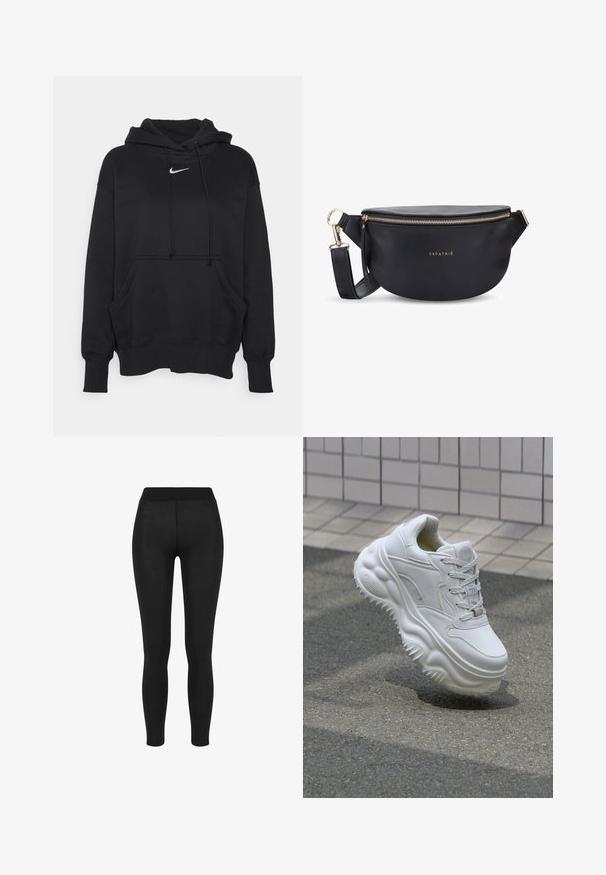 Sort hættetrøje lavet af blødt stof, med en frontkanguru lomme, ribbede håndled og et lille hvidt Nike-logo på brystet.; Sorte leggings i glat stof, med høj talje, tætsiddende design og uden synlige sømme, velegnet til afslappet eller aktivt brug.; Hvide lædersneakers med en kraftig sål, teksturerede detaljer og snørelukning. Har formede accenter og en glat finish.; Sort læder bumbag med en afrundet form, guld lynlås og logoet "EXPATRIÉ." Indeholder en justerbar rem og frynse detaljer.