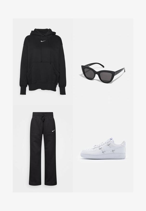 Zwarte hoodie gemaakt van zacht materiaal, met een voorzak in kangoeroestijl, geribbelde manchetten en een klein wit Nike-logo op de borst.; Zwarte sweatpants van een katoenmix, voorzien van een tailleband met koord, rechte pijpen, en een wit Nike-logo aan de linkerzijde.; Nike Sportswear AIR FORCE 1 - Sneakers laag - white/hyper royal/black; Zwarte cat-eye zonnebril met een matte afwerking, voorzien van grijs getinte glazen, scherpe hoeken en slanke zijarmen. Merkennaam zichtbaar op de binnenarm.