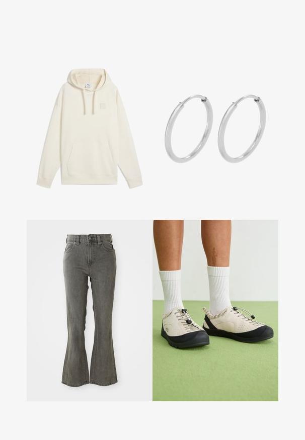 Pullover-Hoodie aus cremfarbenem Fleece, mit einer Kängurutasche, Kapuze mit Kordelzug und kleinem gesticktem Logo auf der Brust. Glatte Textur.; Grau mit Schlag geschnittene Jeans aus Denim mit hoher Taille, Gürtelschlaufen, fünf Taschen und einem weichen, strukturierten Stofffinish.; Beige Schuhe mit schwarzen Akzenten, Netzseitenteilen und einem sicheren Schnürzug. Dicke Gummisohlen mit strukturiertem Profil. Tragen mit weißen Socken.; Silberne Creolen, kreisförmig, mit glatter, glänzender Oberfläche und gleichbleibender Breite. Minimalistisches Design ohne zusätzliche Akzente.