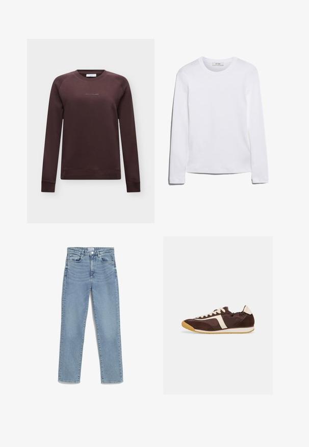 Donkerbruine trui met lange mouwen en ronde hals met kleine gecentreerde tekst "Marc O'Polo DENIM" aan de voorkant.; Wit T-shirt met lange mouwen, gemaakt van ribgebreide katoen, met een ronde halslijn en een rechte zoom. Eenvoudig ontwerp zonder patronen of accenten.; Lichtblauwe jeans met een recht model, vijf-pocket ontwerp, sluiting met een voorknoop en subtiele vervaging op de bovenbenen. Klassieke denimtextuur.; Bruine en beige lage sneaker met witte veters, bovenwerk van suède en stof, en een zool van gumrubber, zijaanzicht rechterkant.