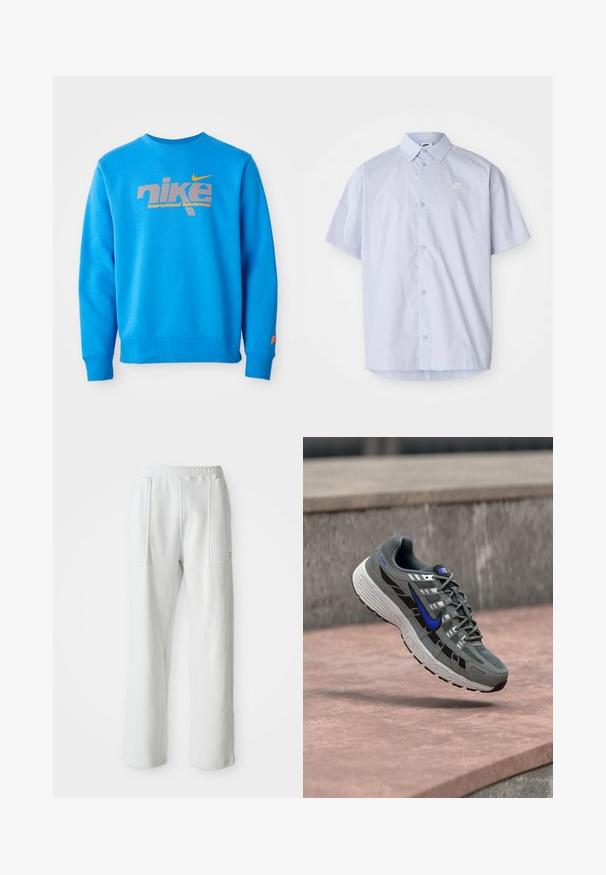 Blå sweatshirt lavet af en bomuldsblanding, med et stort gråt Nike-logo og teksten "International Sportswear" i orange nedenunder. Lange ærmer.; Lyseblå kortærmet skjorte lavet af glat stof, med knaplukning og et lille hvidt Nike-logo på brystet.; Hvide afslappede bukser med en elastisk talje og store forreste lommer, vist på en ensfarvet lys baggrund.; Grå og sort Nike løbesko med blå swoosh og hvid sål, svævende over en stenovertflade.