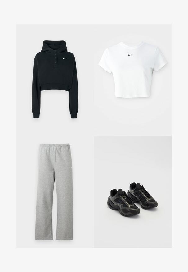 Sweat à capuche court noir en tissu doux, avec un col à boutons, des manches longues et un petit logo Nike blanc sur la poitrine.; T-shirt blanc court en coton, avec des manches courtes et un col rond, orné d'un logo Nike noir sur la poitrine.; Pantalon de jogging gris clair avec une ceinture élastique et un petit logo blanc Nike sur le haut de la cuisse, présenté à plat sur fond blanc.; Chaussures de sport noires en matériau synthétique, avec des accents en mesh et des semelles arrondies. Équipées d'un système de laçage et d'un logo Nike bien visible sur la languette.