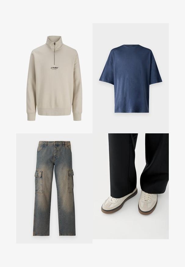 Beige kvart-zip sweatshirt med lange ærmer og ribbede manchetter. Har et lille sort "JJ Studios" logo på brystet. Lavet af blødt materiale.; Marineblå kortærmet T-shirt, lavet af blødt stof, har en klassisk rund hals og løs pasform, uden synlige mønstre eller accenter.; Denim cargo bukser med en falmet blå farve, løs pasform, to store sidelommer, quiltede sømme og et klassisk taljebånddesign.; Fødder iført beige sneakers med brune såler og sorte bukser med vide ben på hvid baggrund.