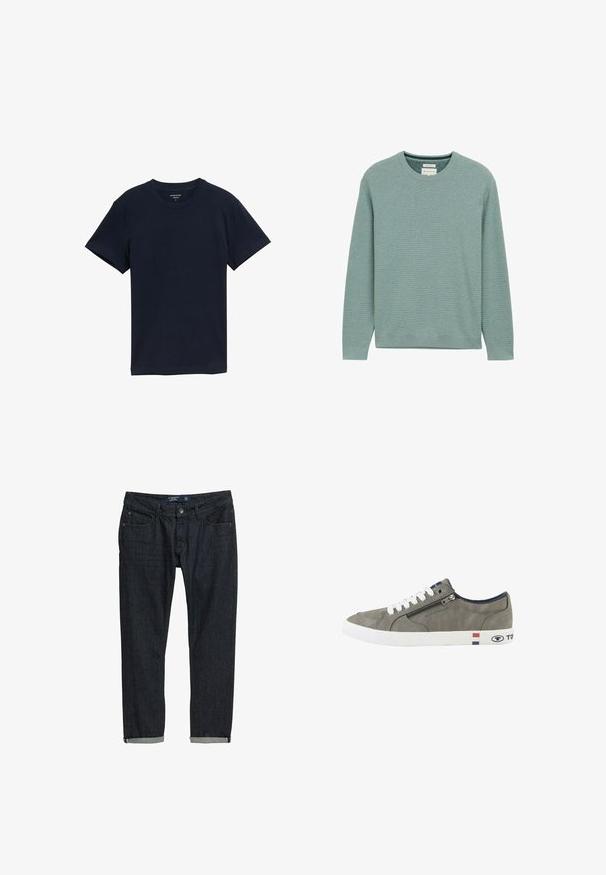 Hellgrüner Rundhalspullover, gestrickte Textur, lange Ärmel, gerippte Bündchen und Saum. Etikett im Nackenbereich sichtbar.; Marineblaue Baumwoll-T-Shirt, kurze Ärmel, Rundhalsausschnitt, glatte Textur, einfaches Design, keine Muster oder Akzente, gerade Saumlinie.; Dunkelblaue Jeans mit Slim-Fit, mit hochgekrempelten Säumen, klassischem Fünf-Taschen-Design und Knopfverschluss, vor einem weißen Hintergrund.; Grauer Sneaker mit niedrigem Schaft, weißen Schnürsenkeln, seitlichem Reißverschluss und weißer Sohle mit roten, weißen und blauen Streifen sowie Tom Tailor-Logo.