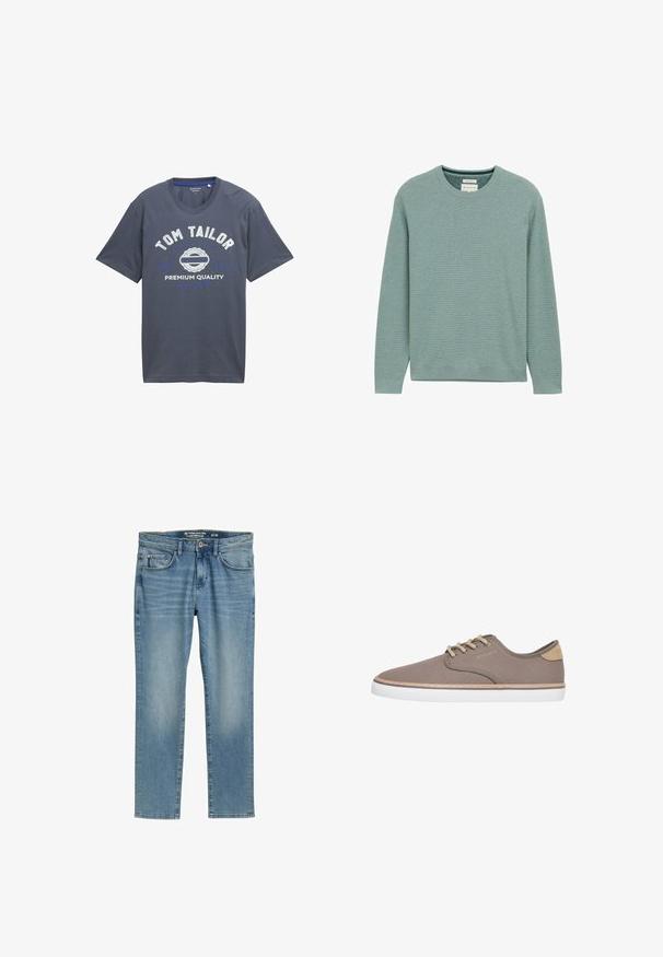 Hellgrüner Rundhalspullover, gestrickte Textur, lange Ärmel, gerippte Bündchen und Saum. Etikett im Nackenbereich sichtbar.; Dunkelblauses Baumwoll-T-Shirt mit kurzen Ärmeln und Rundhalsausschnitt, mit weißem und blauem Drucktext: "TOM TAILOR", "PREMIUM QUALITY" und Logo-Grafik.; Hellblaue Jeans aus Denim mit geradem Bein, fünf Taschen, dezentem Verblassen und Reißverschluss. Das Etikett zeigt 'Tom Tailor' und die Größe 31/32.; Taupefarbener Sneaker aus Canvas mit niedrigem Schaft, beigen Schnürsenkeln, beigem Fersenlasche und weißer Gummisohle, Seitenansicht.