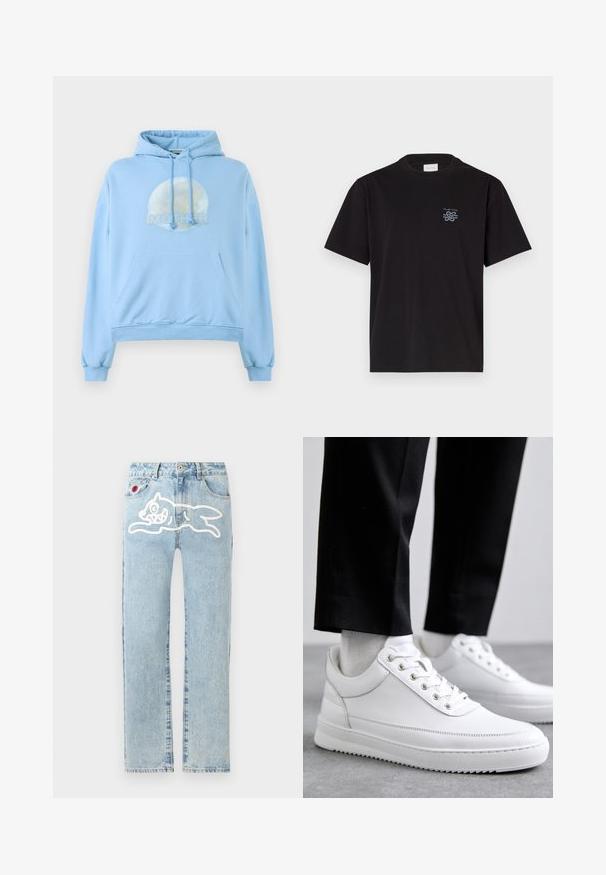 Lyseblå hættebluse lavet af blødt materiale, med et cirkulært grafisk design af månen og ordet "MOR" vist fremtrædende.; Sort bomulds t-shirt med rund hals og korte ærmer. Har et lille blåt logo på venstre bryst. Simpel, lige snit design.; Icecream RUNNING DOG PANT - Jeans Straight Leg - heavy wash blue; Hvide lædersneakers med en flad gummisål, der har en glat overflade, rund tå og metaløjer til snørebånd. Bæret med sorte bukser.