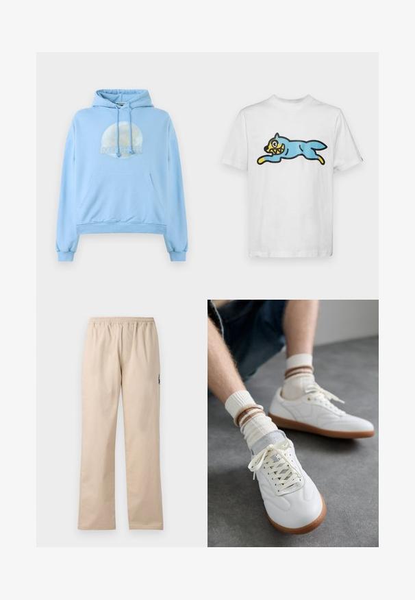 Helles blaues Kapuzensweatshirt aus weichem Material, mit einer runden Grafik des Mondes und dem prominent dargestellten Wort "MUTTER".; Weißes Baumwoll-T-Shirt mit einem blauen, cartoonartigen Kater mit gelbem Gesicht und scharfen Zähnen, der in einer springenden Pose dargestellt ist.; Beige, leichte, gewobene Hose mit elastischem Bund. Merkmale sind gerade Beine und ein kleines gesticktes Logodetail an der Seite.; Weiße Ledersneaker mit glatter Textur, grauen Wildlederelementen, beigen Gummisohlen und flachen Schnürsenkeln. Kombiniert mit cremefarbenen und braun gestreiften Socken.