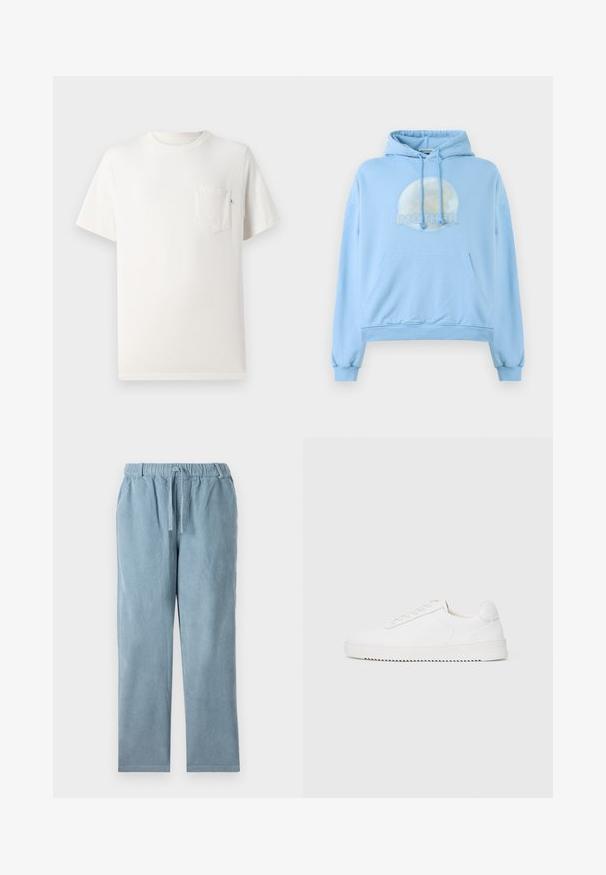 Lyseblå hættebluse lavet af blødt materiale, med et cirkulært grafisk design af månen og ordet "MOR" vist fremtrædende.; Hvid bomulds t-shirt med korte ærmer, rund hals og brystlomme. Glat tekstur og minimalistisk design. Ingen synlige mønstre eller accenter.; Lyseblå fløjlspants med elastisk talje, snoretilpasning, lige ben-form og ribbet tekstur. Ingen synlige lommer.; Hvid sneaker med en glat læderoverdel, rund tå, snørebånd, teksturerede sideaccenter og en tyk gummisål. Minimalistisk design.