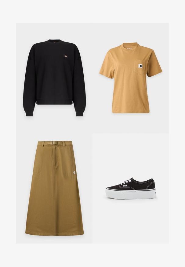 Sweatshirt noir à manches longues avec col rond, poignets et ourlet en côte, arborant un petit patch logo coloré sur la poitrine gauche.; T-shirt marron uni à manches courtes avec une poche poitrine présentant un patch carré avec le logo de la marque, affiché sur un fond clair uni.; Jupe longue extérieure beige avec poches avant, ceinture intégrée et logo The North Face sur le côté droit.; Baskets en toile noires avec une semelle en caoutchouc blanc, dotées de lacets et de coutures blanches, marquage emblématique sur le côté, design basse.