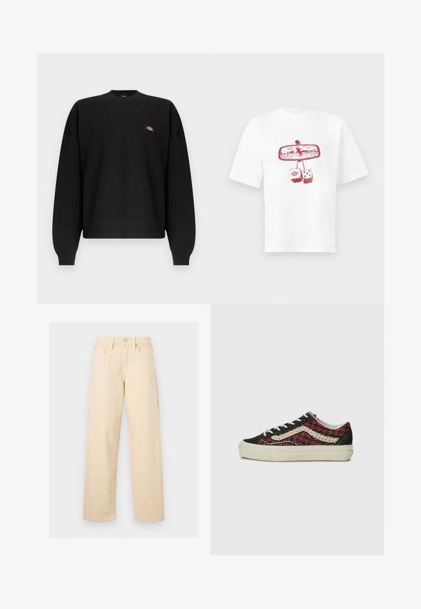 Schwarzes Sweatshirt mit Rundhalsausschnitt und langen Ärmeln, Rippbündchen an Ärmeln und Saum, mit einem kleinen, bunten Logo-Patch auf der linken Brust.; Weißes T-Shirt mit rotem Motiv eines Rückspiegels, der einen Cowboy auf einem Pferd zeigt, und zwei flauschigen Würfeln, die darunter hängen.; Beige gerade geschnittene Hose mit vorderem Knopf und Reißverschluss, Gürtelschlaufen und Fünf-Taschen-Design auf einem einfarbigen hellen Hintergrund.; Vans OLD SKOOL 36 UNISEX - Sneaker low - bordeaux