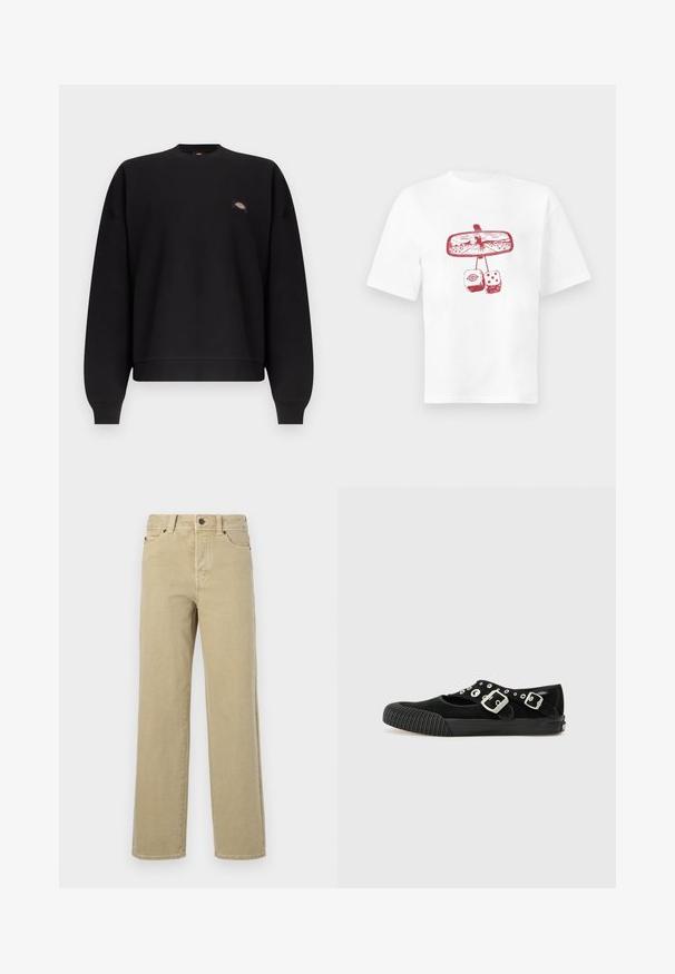 Sudadera negra de manga larga con cuello redondo, puños y dobladillo acanalados, con un pequeño parche de logo colorido en el lado izquierdo del pecho.; Camiseta blanca con un diseño rojo de un espejo retrovisor que muestra un vaquero a caballo y dos dados peludos colgando debajo.; Jeans beige de pierna ancha hechos de algodón suave con un diseño clásico de cinco bolsillos, bragueta con botones y costuras visibles a lo largo de las costuras y dobladillos.; Vans MARY JANE - Bailarinas - black