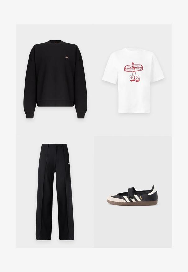 Sudadera negra de manga larga con cuello redondo, puños y dobladillo acanalados, con un pequeño parche de logo colorido en el lado izquierdo del pecho.; Camiseta blanca con un diseño rojo de un espejo retrovisor que muestra un vaquero a caballo y dos dados peludos colgando debajo.; Pantalones de pierna ancha de color negro, confeccionados con una tela suave, que presentan pliegues y un pequeño detalle de logo. Diseñados con una cintura de altura media.; Zapatilla negra y beige con una correa de velcro, tres rayas blancas en el lateral y una suela de goma marrón texturizada. Logotipo de la marca visible.
