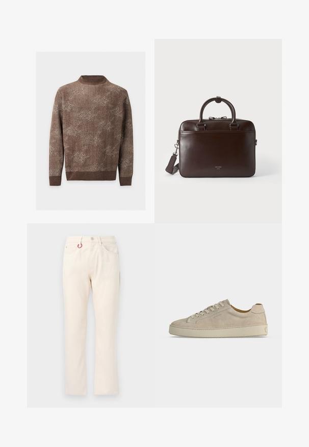 Pull marron à col rond en maille avec motif texturé subtil et bords-côtes aux poignets et à l’ourlet, présenté sur un fond blanc uni.; Pantalon beige à jambe droite avec cinq poches, passants pour ceinture, fermeture par bouton et un porte-clés rouge attaché à la poche avant gauche.; Baskets basses beiges en daim avec fermeture lacée et semelle épaisse en caoutchouc, vues de profil sur fond blanc uni.; Serviette en cuir brun foncé avec deux poignées, une bandoulière détachable et un petit logo à l'avant sur un fond uni.
