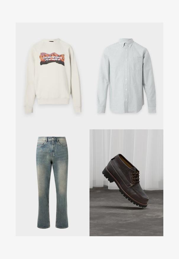 Hellgrauer Pullover mit rundem Ausschnitt und Raglanärmeln. Mit einem farbenfrohen Bergmotiv und dem Schriftzug "EMPORIO ARMANI APRES".; Langärmliges Hemd mit Knopfleiste, dünnen vertikalen grauen und weißen Streifen und einer einzelnen Brusttasche auf einfarbigem Hintergrund.; Hellblaue Denim-Jeans mit geradem Bein, mittelhoher Taille und subtilen Ausbleichungen. Verfügt über klassische Taschenstil und Kontrastnähte.; Braune Lederschuhe mit abgerundetem Zeh, Schnürdesign, kontrastierenden Nähten und einer robusten black Gummisohle für guten Halt.
