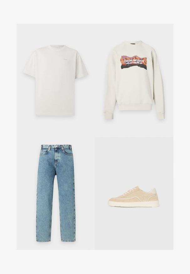 Lysegrå sweatshirt med rund halsudskæring og raglanærmer. Har en farverig bjerggrafik og teksten "EMPORIO ARMANI APRES".; CLOSED LOGO - T-shirts basic - blush pink; Lyseblå denimjeans med lige ben, fem lommer og lukning med messingknap. Stoffet har et let tekstureret, falmet udseende.; Beige ruskinds sneakers med hvid sål og snørebånd, lavtop design og zigzag mønster på sålen.