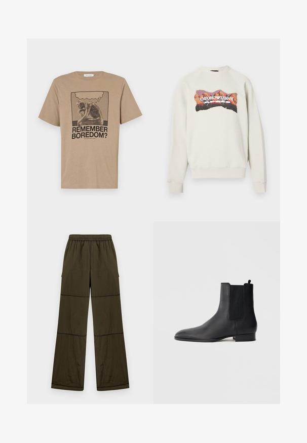 Lysegrå sweatshirt med rund halsudskæring og raglanærmer. Har en farverig bjerggrafik og teksten "EMPORIO ARMANI APRES".; Beige bomulds t-shirt med et grafisk motiv af en tænksom figur og teksten "HUSKER DU KEDSELIGEHED?" trykt i sort. Rund hals design.; Løse bukser i mørke olivengrøn med elastisk talje, synlige sømdetaljer og sidelommer, vist mod en ensfarvet lys baggrund.; Sort læder Chelsea-støvle med elastiske sidepaneler og lav stakket hæl, vist i profil på en enkel lys baggrund.