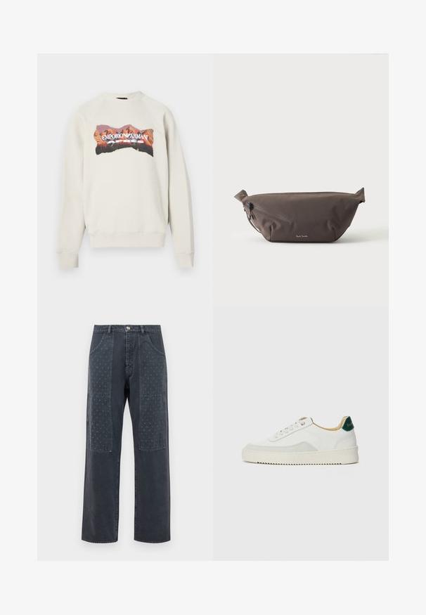 Hellgrauer Pullover mit rundem Ausschnitt und Raglanärmeln. Mit einem farbenfrohen Bergmotiv und dem Schriftzug "EMPORIO ARMANI APRES".; Dunkelgraue Jeans mit weitem Bein, die auf der Vorderseite dekorative Patches mit dezentem floralem Muster und klassischen Taschenverzierungen aufweisen.; Weiße Sneaker mit Wildlederelementen, runder Zehenpartie, flachen Schnürsenkeln und einer cremefarbenen Gummisohle. Mit grünen Markenlogo am Fersenbereich.; Dunkelbraune Stoff-Gürteltasche mit diagonalem Reißverschlussfach und kleinem weißen Logo vorne, vor einem einfarbigen hellen Hintergrund.