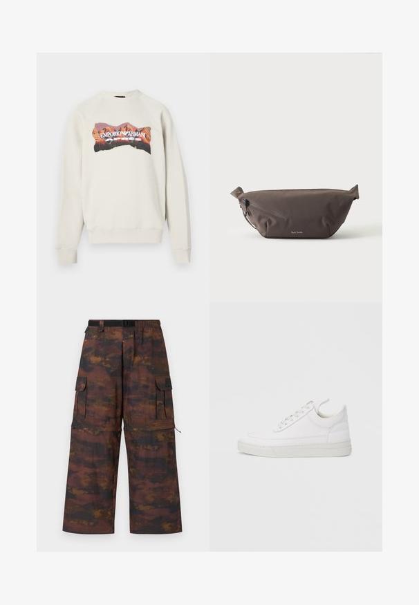 Sudadera gris claro con cuello redondo y mangas ranglán. Presenta un gráfico colorido de montaña y el texto "EMPORIO ARMANI APRES".; Pantalones cargo en un tejido marrón texturizado con un patrón abstracto desgastado. Presentan piernas anchas, cinturilla elástica y múltiples bolsillos.; Zapatilla blanca de cuero con punta redondeada, suela plana y cierre de cordones. Presenta detalles de costuras y un cuello acolchado para mayor comodidad.; Riñonera de tela marrón oscuro con bolsillo diagonal con cremallera y pequeño logo blanco en el frontal, sobre un fondo liso y claro.