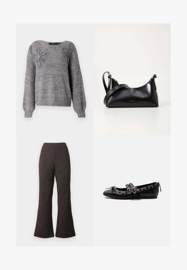 Vero Moda VMLOLLIPOP V NECK - Svetrík - medium grey; Čierne zvonové nohavice vyrobené z textúrovaného materiálu s vzorovaným tkaním, s vysokým pásom a širokými nohavicami.; Čierna plochá baletná topánka s dvojitými prackami, striebornými okami a malou mašličkou pri zaoblenom nose na bielom pozadí.; Čierna kožená kabelka s hladkou textúrou. Obsahuje nastaviteľný popruh a elegantný, minimalistický dizajn so zipsovým uzatvorením.