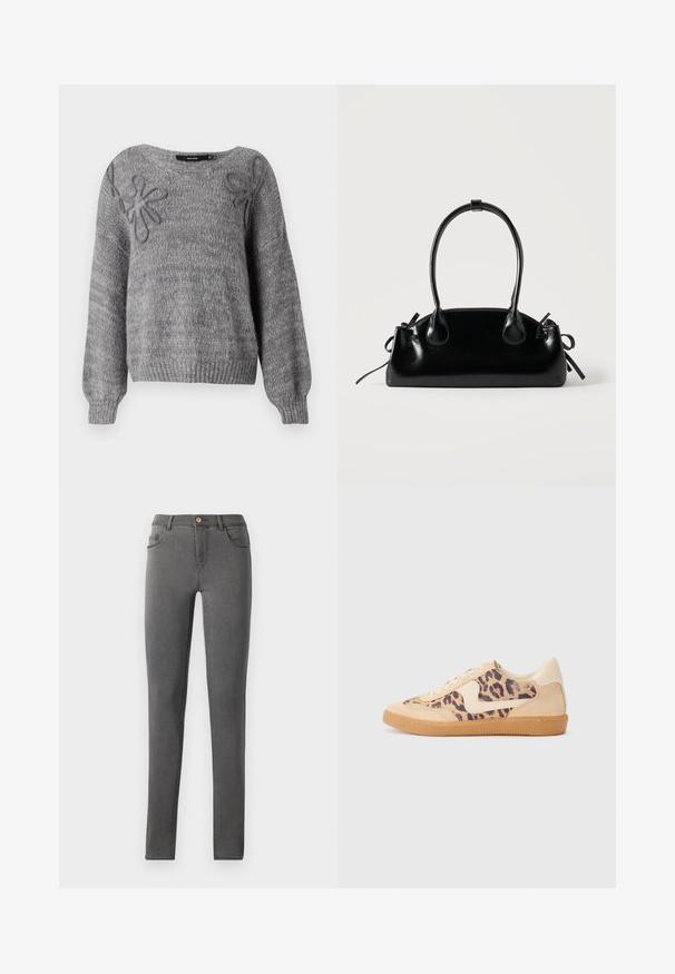 Vero Moda VMLOLLIPOP V NECK - Strickpullover - medium grey; Graue Jeans im Skinny-Fit, mit passgenauer Silhouette, Fünf-Taschen-Style und einem einzigen Metallknopfverschluss am Bund.; Löwenmuster-Sneaker mit beige Wildleder-Obermaterial, tanfarbener Gummisohle und weißen Akzenten. Runde Zehenform und Schnürdesign mit strukturiertem Finish.; Kleine schwarze glänzende Handtasche mit zwei langen Griffen und seitlichen Kordelzug-Details vor einfachem hellem Hintergrund.