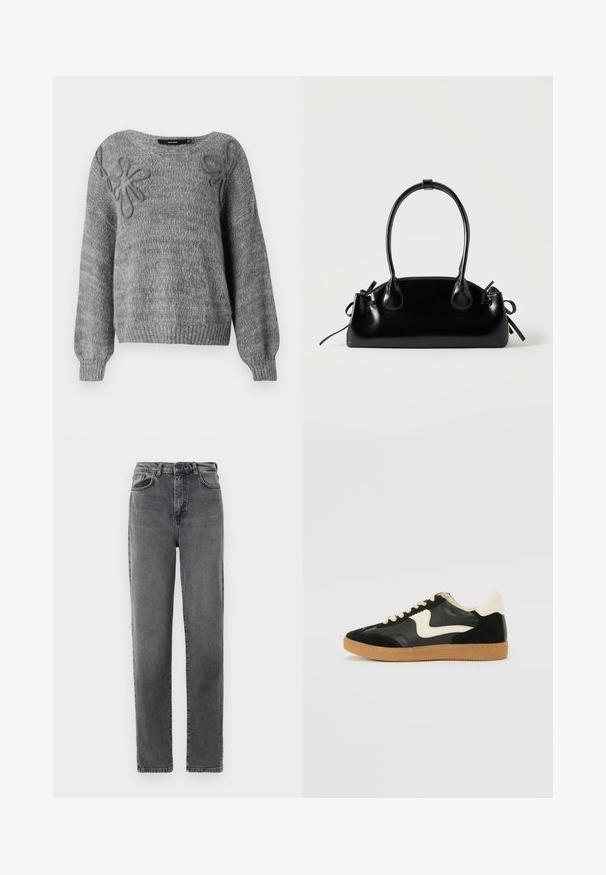 Vero Moda VMLOLLIPOP V NECK - Striktrøje - medium grey; Højtaljede grå denim jeans med lige ben, med knap og lynlås foran samt lommer foran og bagpå.; Sorte ruskinds- og lædersneakers med en cremefarvet side-swoosh og lys cremefarvet hæl. Har beige snørebånd og en gummirubber-sål.; Lille sort blank håndtaske med to lange håndtag og snøre-detaljer i siden på en ensfarvet lys baggrund.