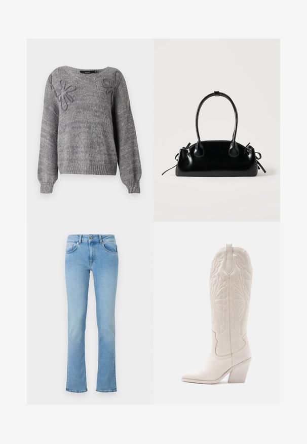 Vero Moda VMLOLLIPOP V NECK - Svetrík - medium grey; Svetlo modré džínsy s priliehavým pásom, rozšírenými nohavicami, dizajnom s piatimi vreckami a zapínaním na gombík. Tkanina má hladkú štruktúru.; Biele kožené kovbojské topánky s špicatou špičkou a blokovým opätkom. Majú zložitý výšivkový vzor na šachte a hladkú textúru.; Malá čierna lesklá kabelka s dvoma dlhými rúčkami a bočnými šnúrkovými detailmi na jednoduchom svetlom pozadí.